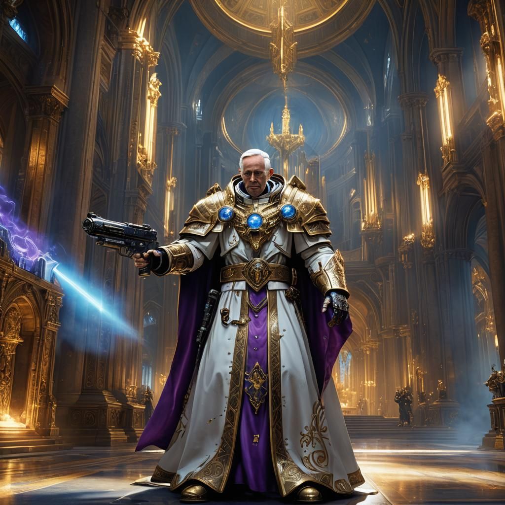 Pope with Futuristic Gun in Sci-Fi Cathedral