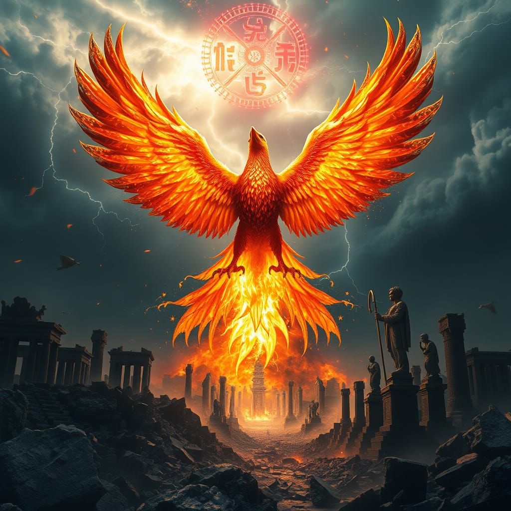Cosmic Phoenix Rises from Ancient Ruins in Fiery Splendor
