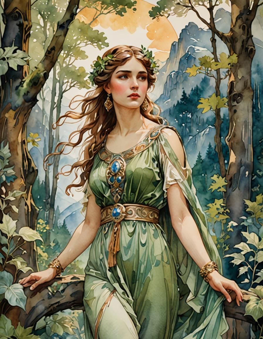 Elegant Woman in Forest, Art Nouveau Watercolor