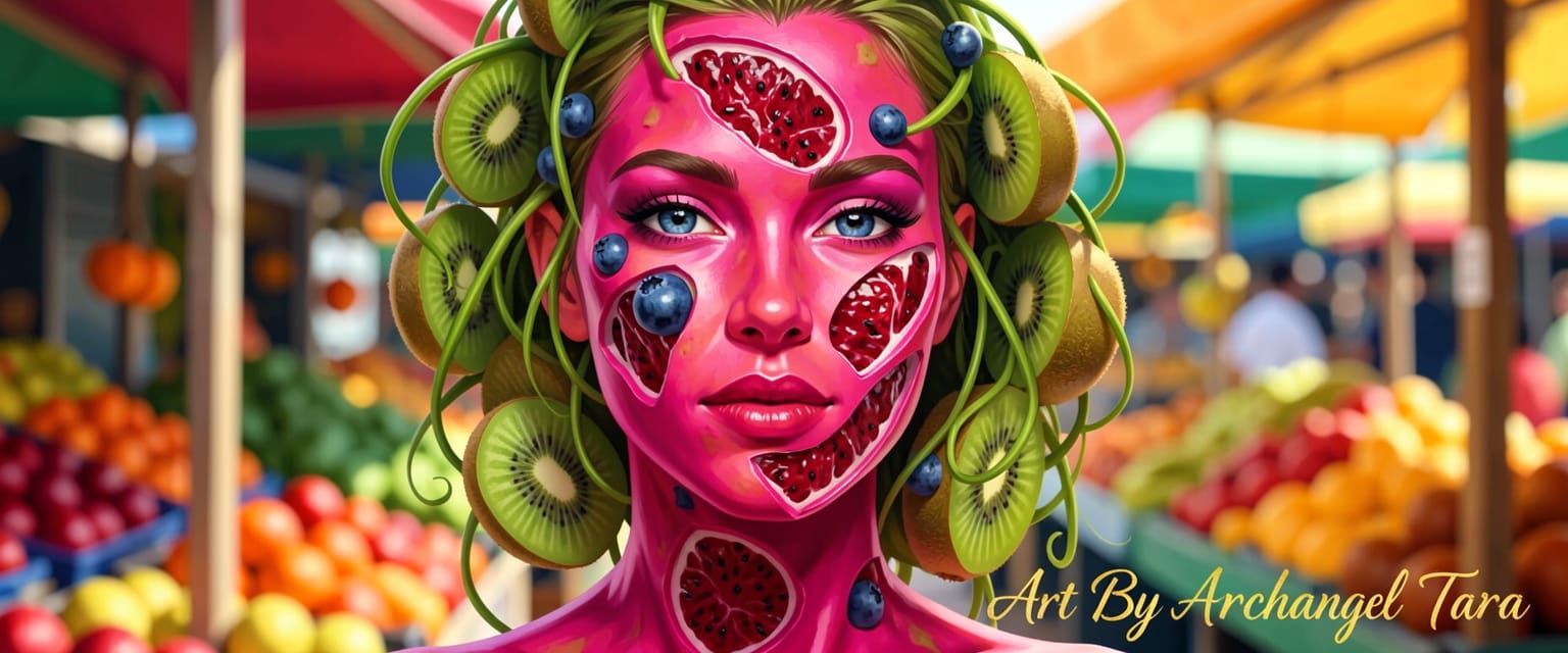 Woman With Dragon Fruit Skin and Kiwi Hair in Painterly Styl...