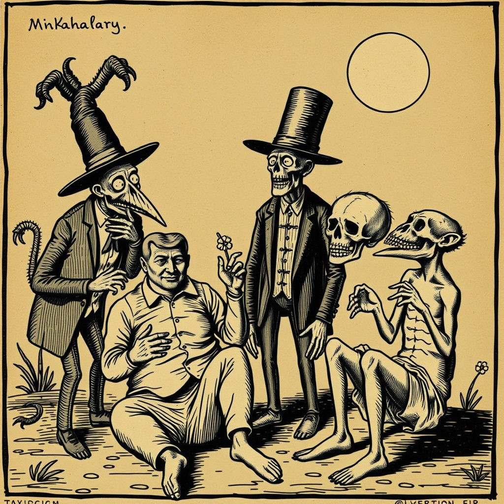 Humorous Taxidermied Humans in Woodcut Style