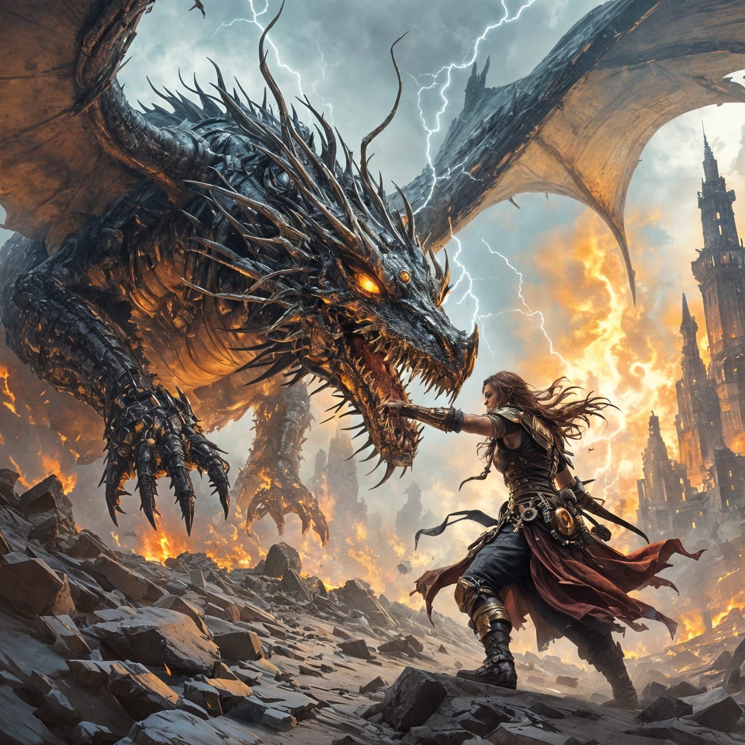 Steampunk Warrior Battles Mechanical Dragon in Fiery City