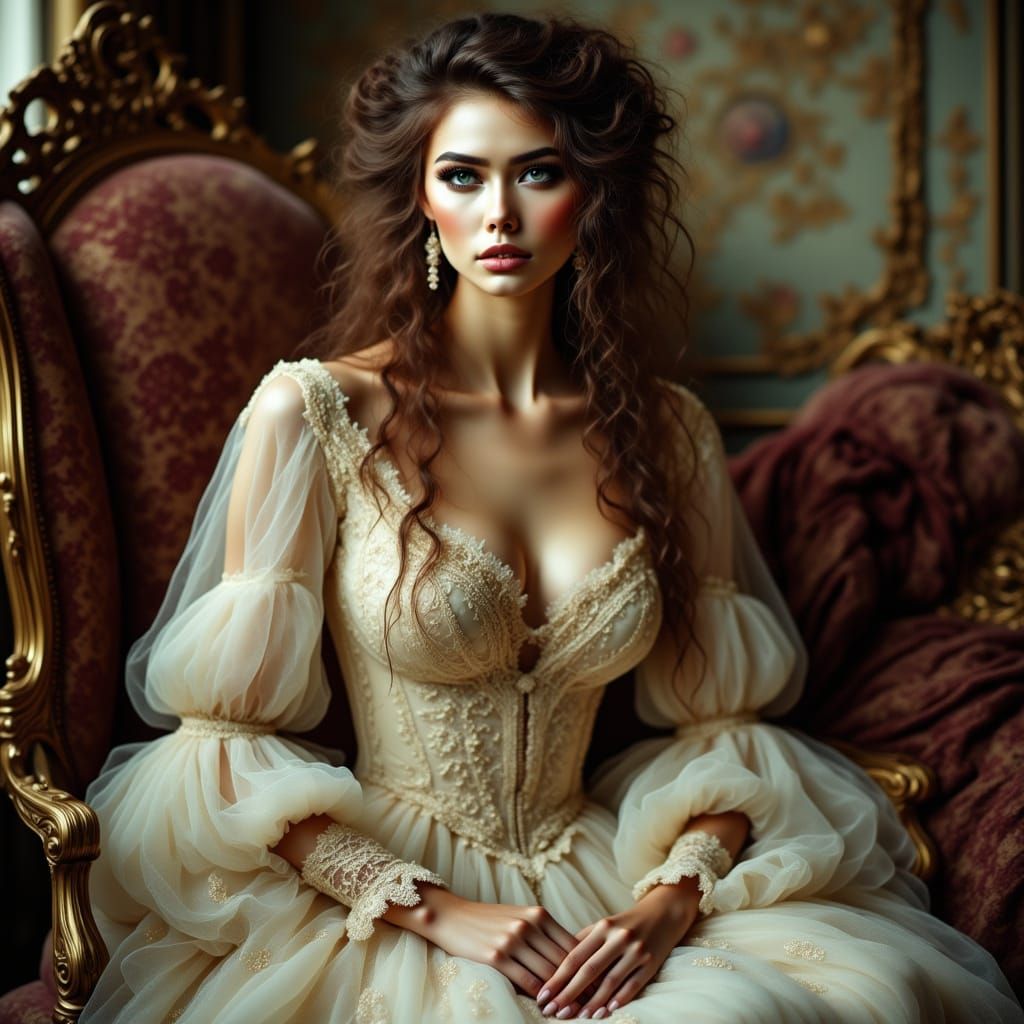 Regal Woman in 18th-Century Gown with Futuristic Aesthetic