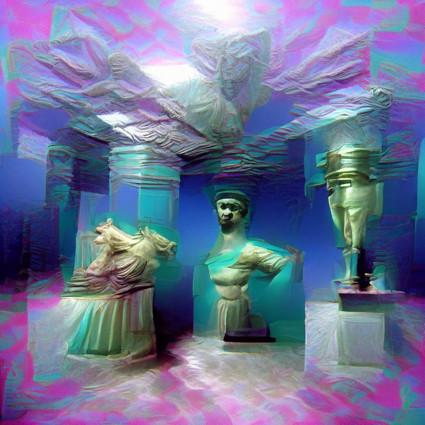 Vaporwave Caustics Light on Submerged Greek Statues