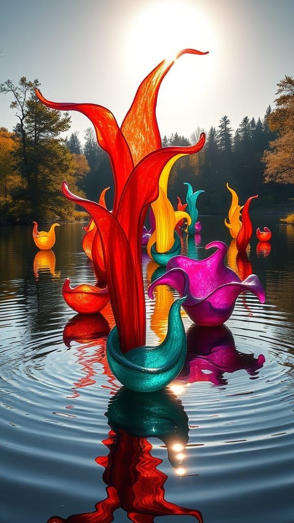 Floating Chihuly Glass Sculptures on Serene Lake