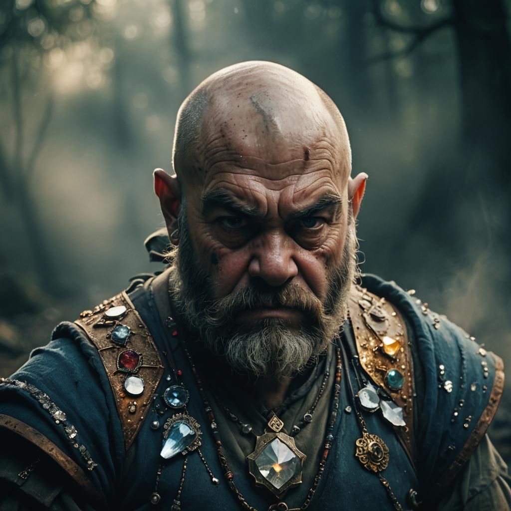 Cinematic Portrait of a Grumpy Dwarf with Crystals