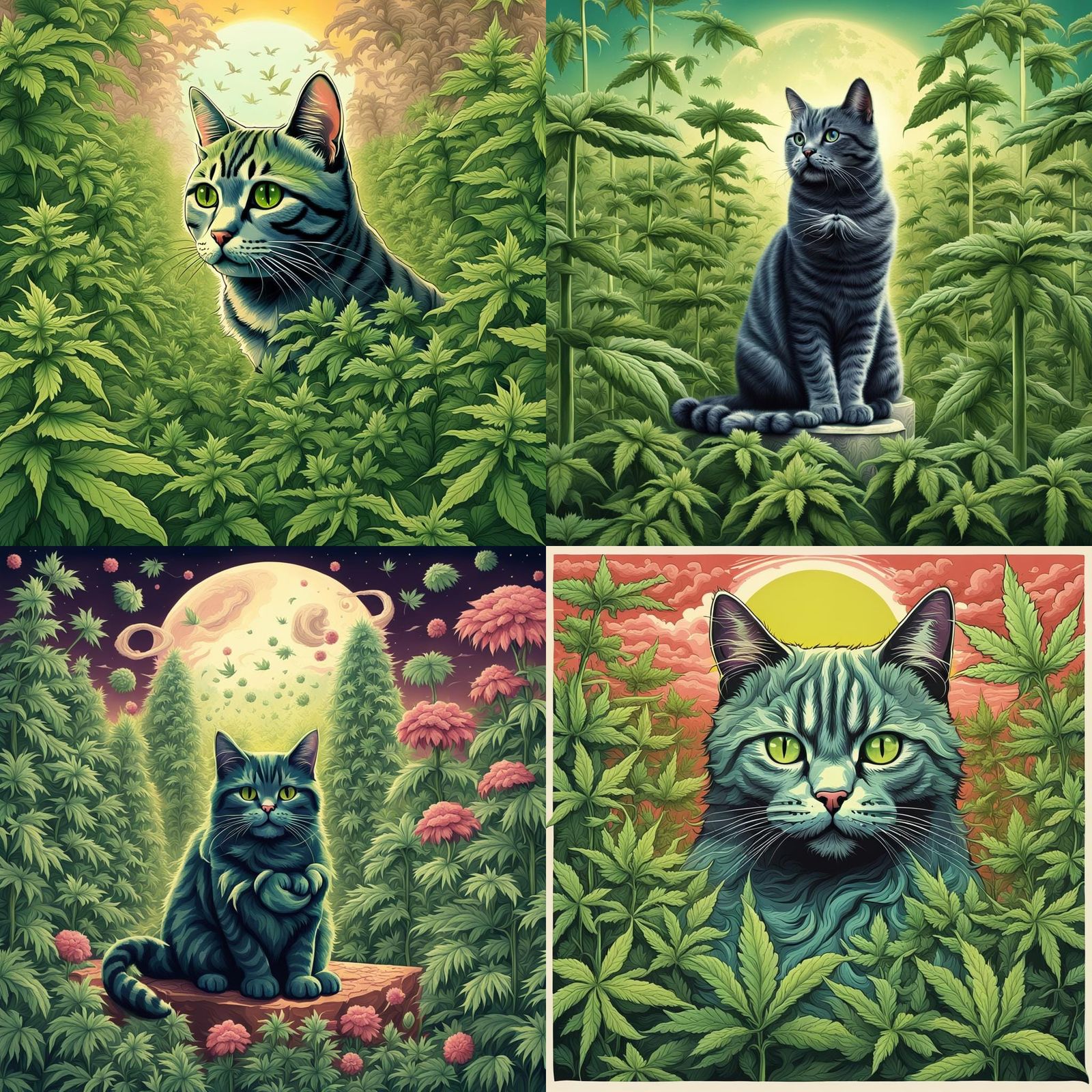 Cute Cat in a Surreal Marijuana Garden