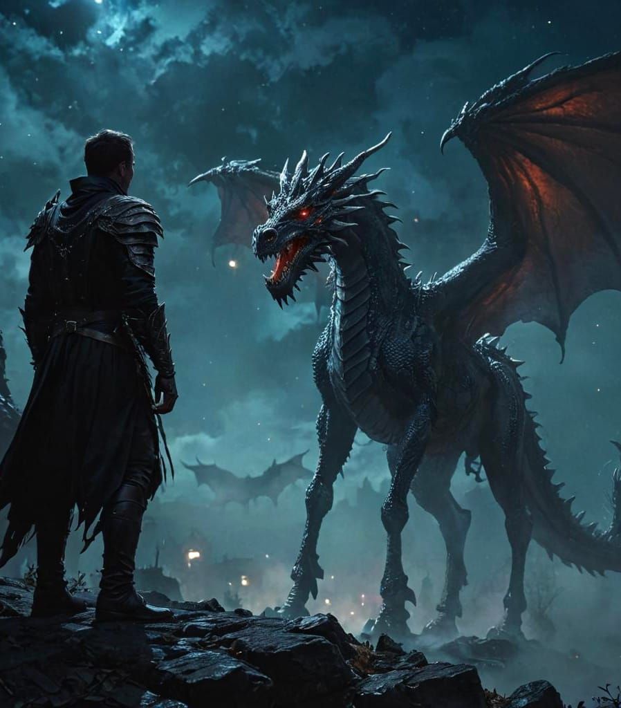 Fantasy Shadow Gazing at Dragon-Horse Under Starry Sky