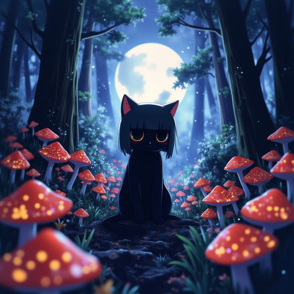 Black Cat in Moonlit Forest: Anime Style