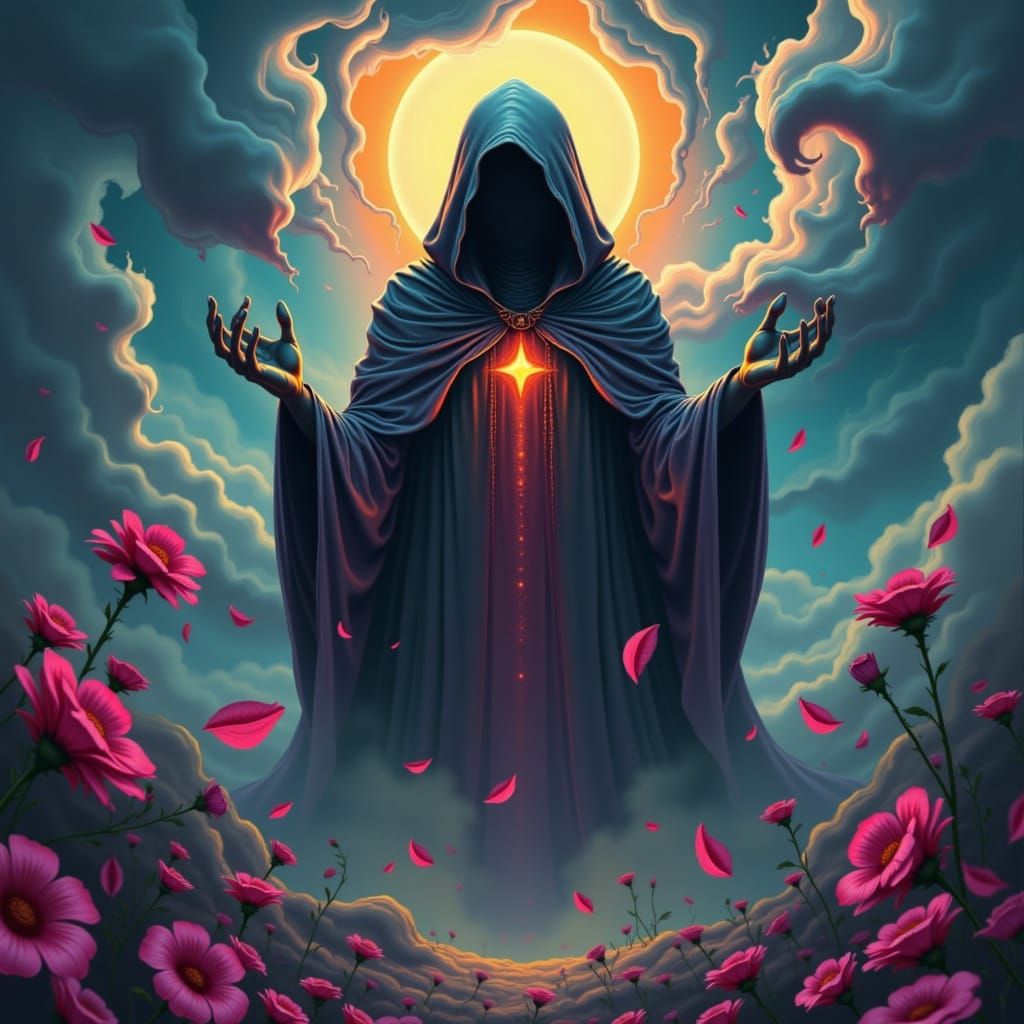 Majestic Reaper Figure in Swirling Rainbow Vortex