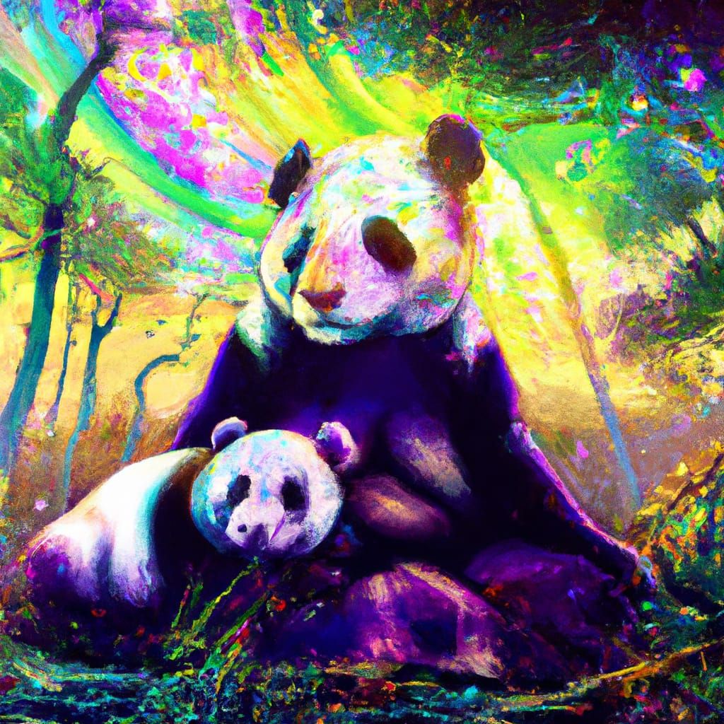 Panda Family in Bamboo Forest: Cosmic Illustration