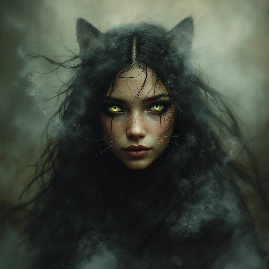Mystical Half Feline Native American Woman Amidst Shrouded F...