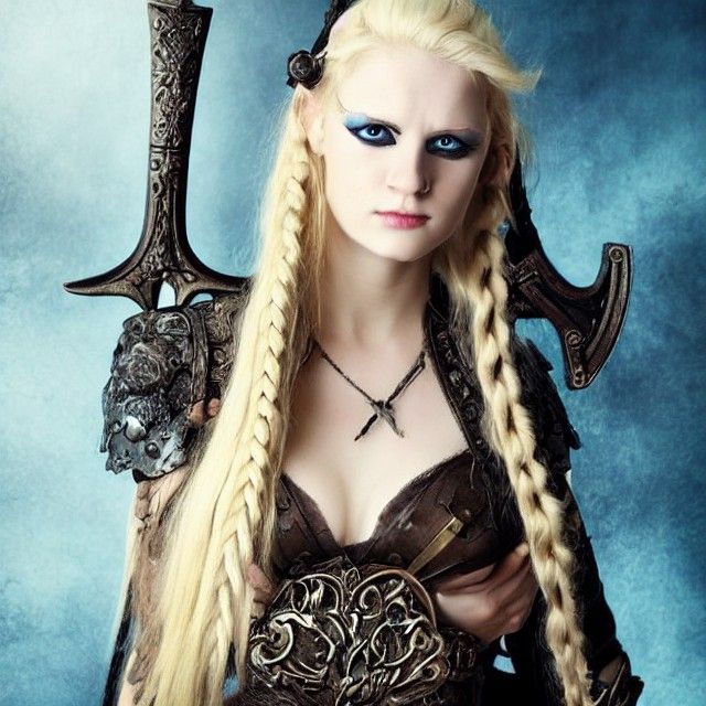 female viking  with blonde hair and blue eyes beautiful baroque gothic art