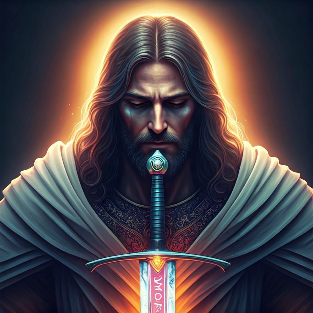 Jesus Christ Wielding Iridescent Sword in Matte Painting