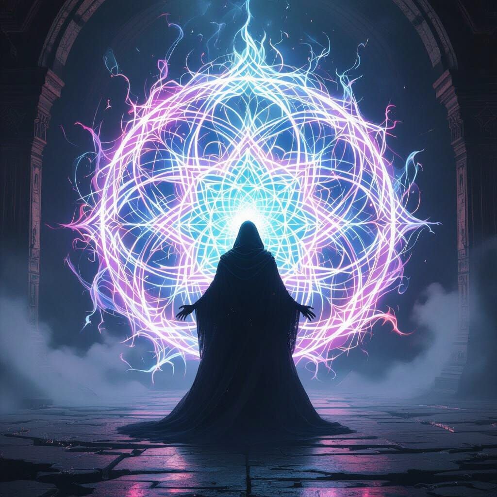 Mystic Figure Trapped in Glowing Spell Sigil