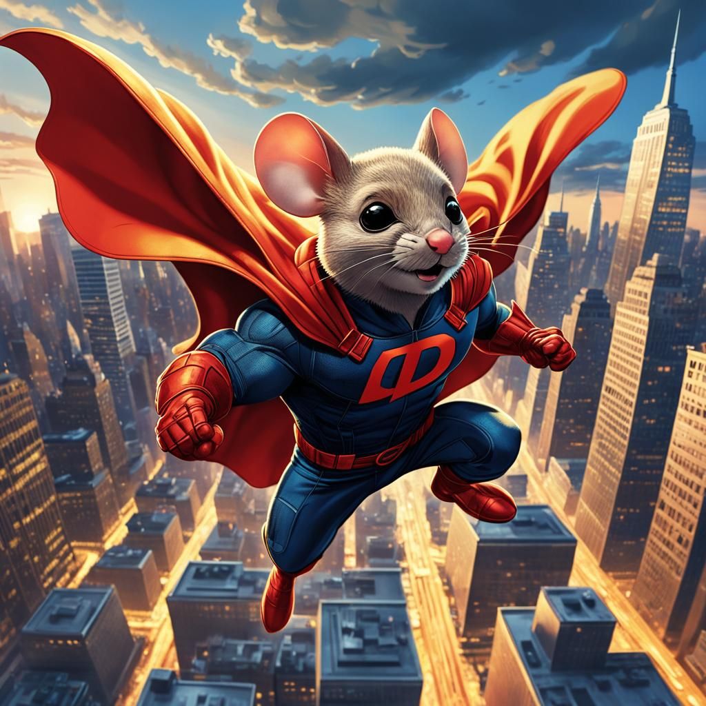 Daredevil Mouse Soars Over New York City in Comic Style