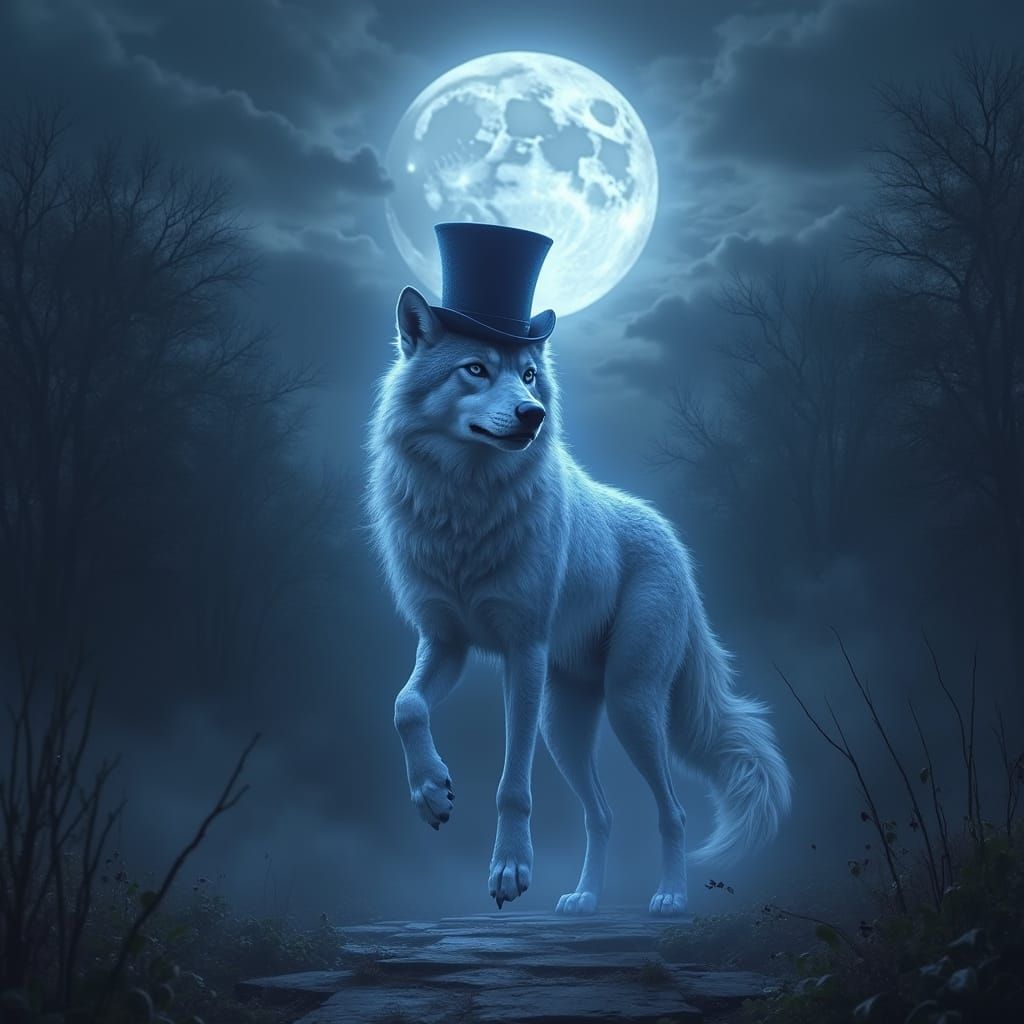 Spirit Wolf in Top Hat: Ethereal Mansion Art