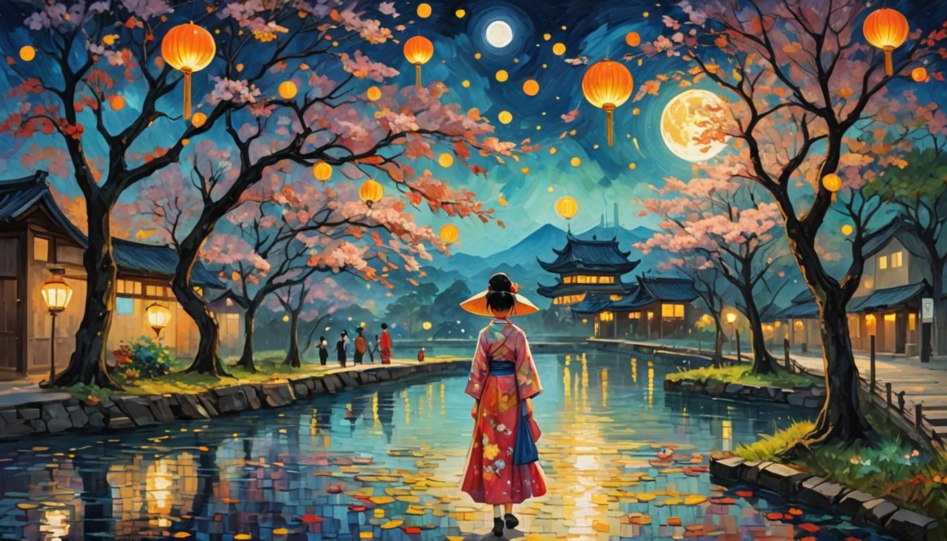 Mid-Autumn Festival Moon in Anime Impasto Style