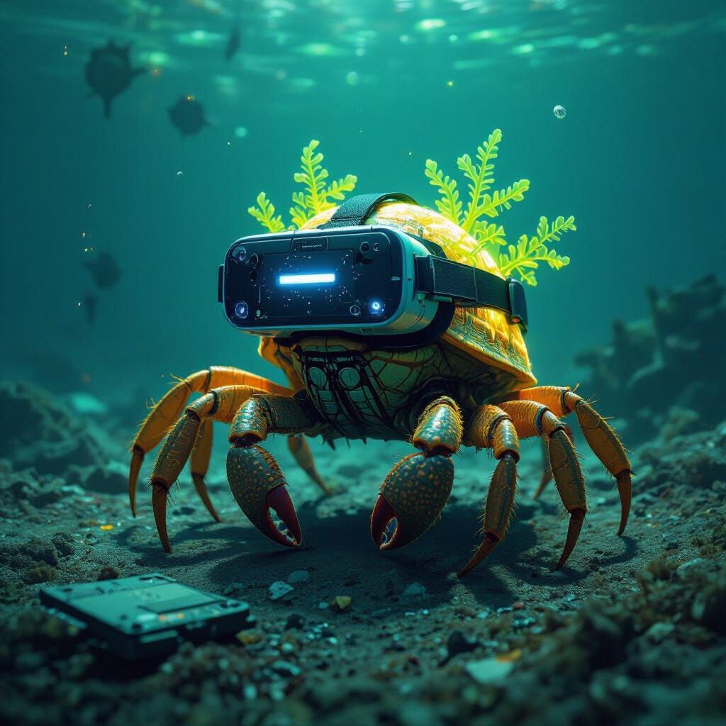 Bioluminescent Hermit Crab in Dystopian VR Landscape