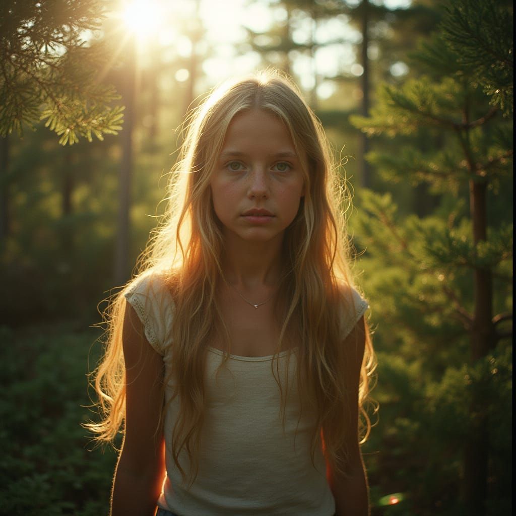 Girl in Sunlit Forest Amidst Cedar Branches