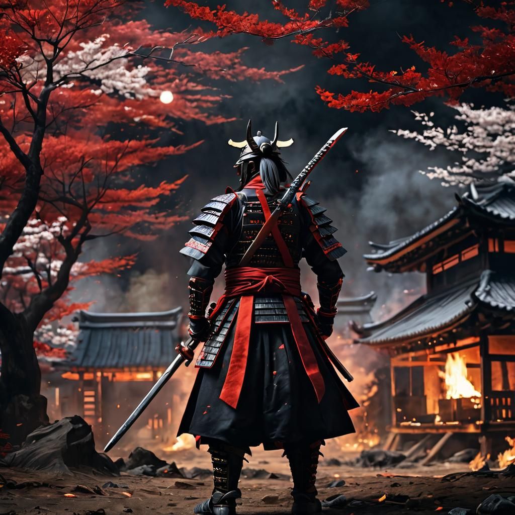 Burning Village Samurai in Dark Colors
