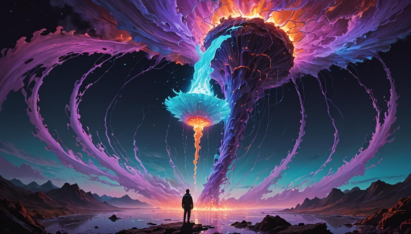 Surreal Alien Landscape with Giant Figure