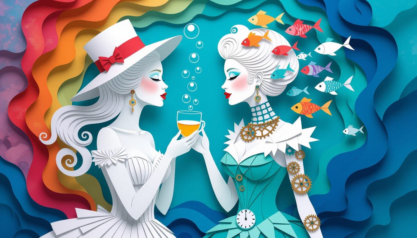 Albino Woman and Mermaid in Paper-Cut Steampunk Collage