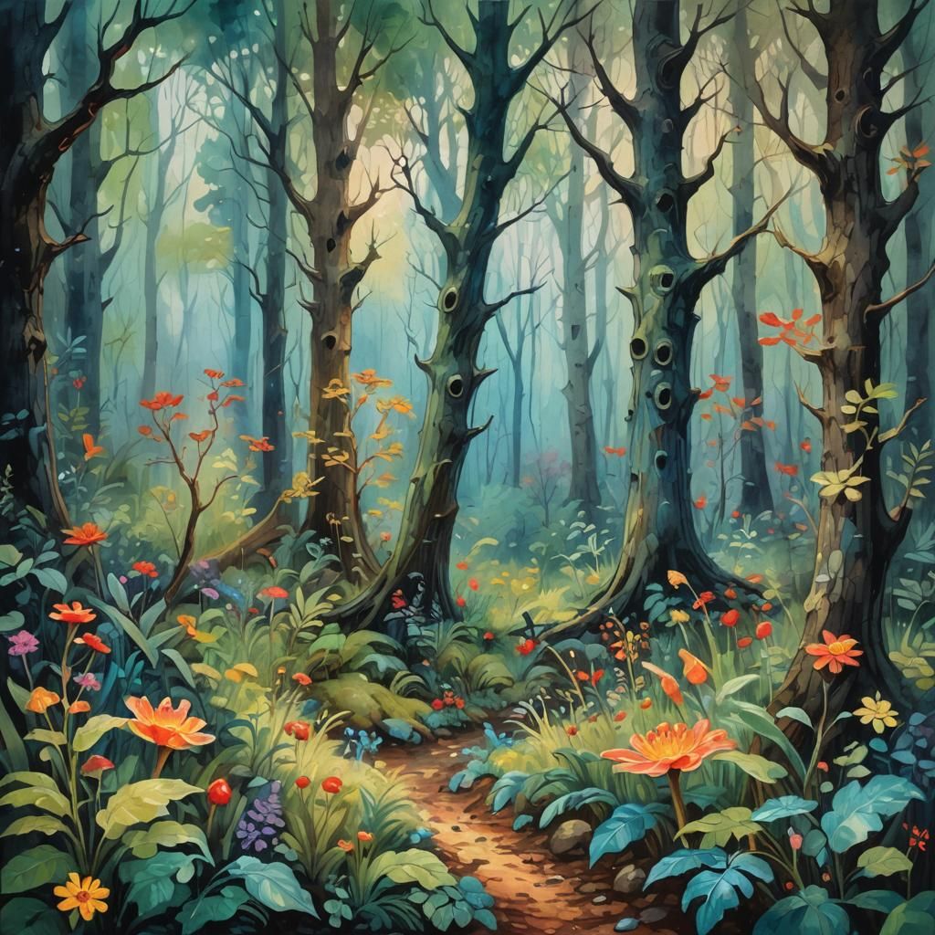 Mystical Forest with Creatures in Gouache Style