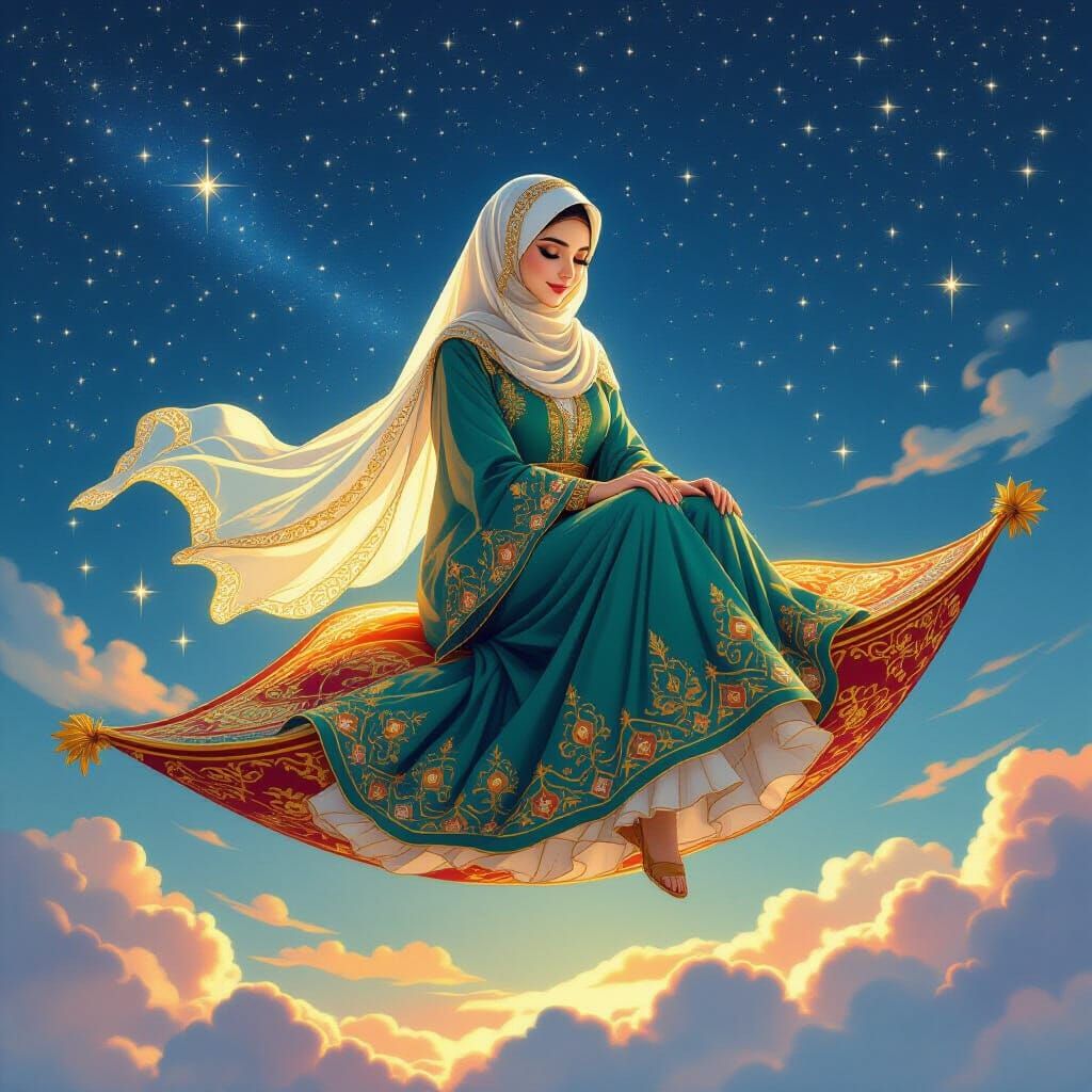 Christmas Hijabi Woman Rides Glowing Magic Carpet