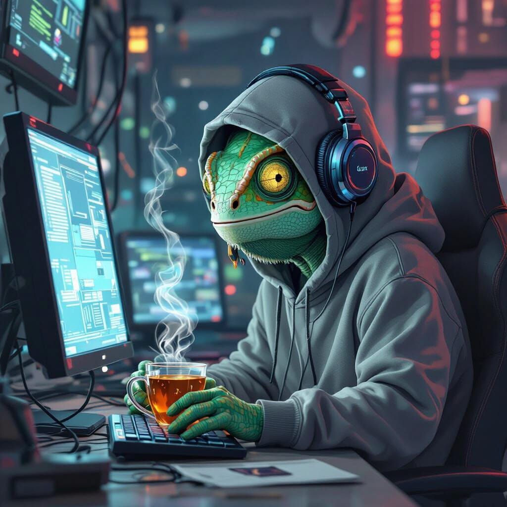 Chameleon Hacker at Computer Terminal in Cyberpunk Style