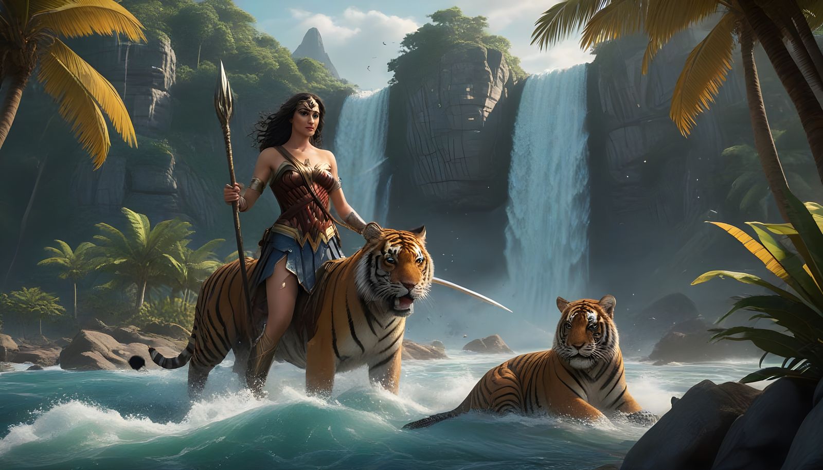 Wonder Woman Rides a Tiger on a Tropical Shore