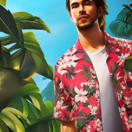 Handsome Man in Hawaii Wearing Cherry Blossom Aloha Shirt