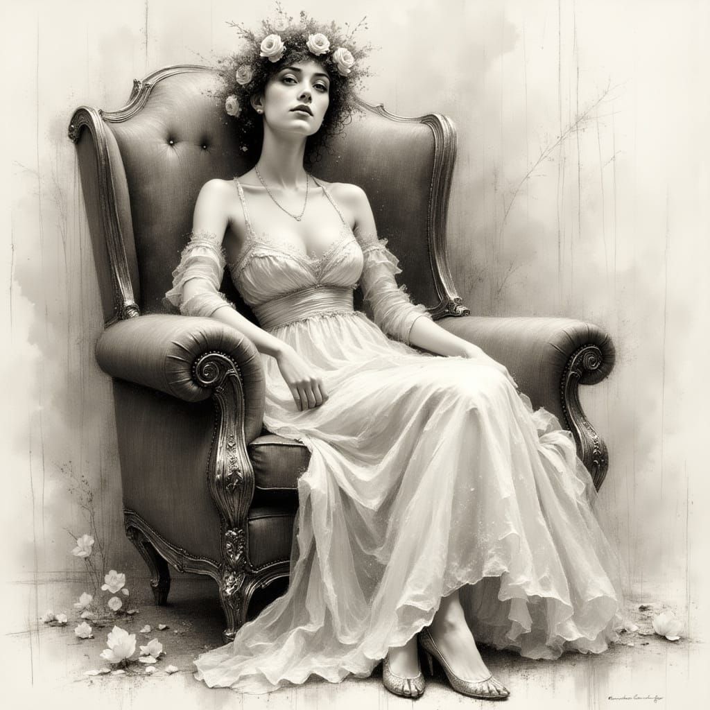 Surreal Pencil Drawing of Woman in Armchair