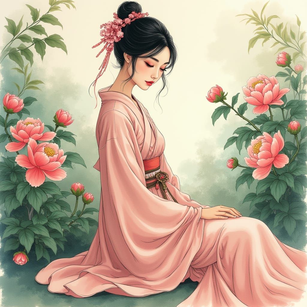 Ethereal Chinese Beauty in Classic Ink Drawing Style