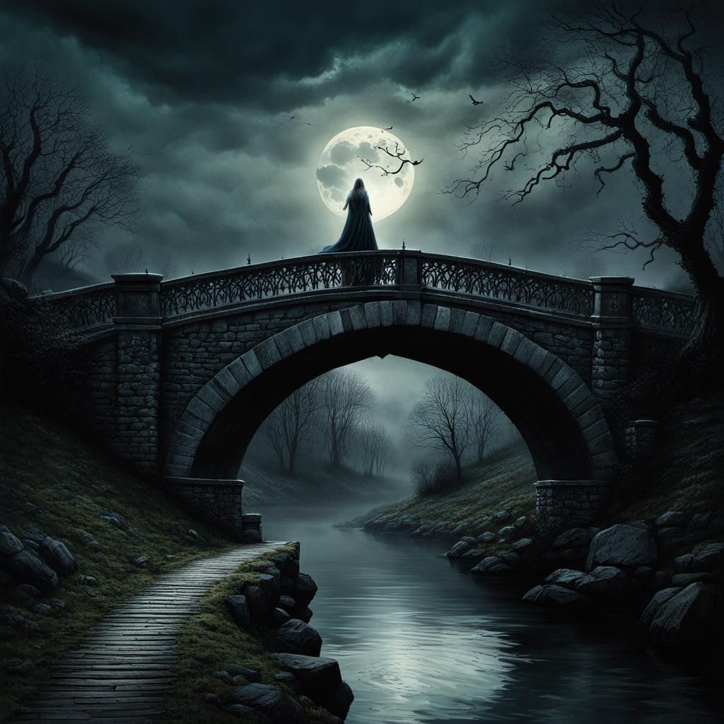 Haunted Medieval Bridge with Spirit in Gothic Horror Style