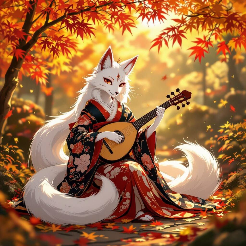 Mystical Kitsune Plays Lute in Autumn Garden
