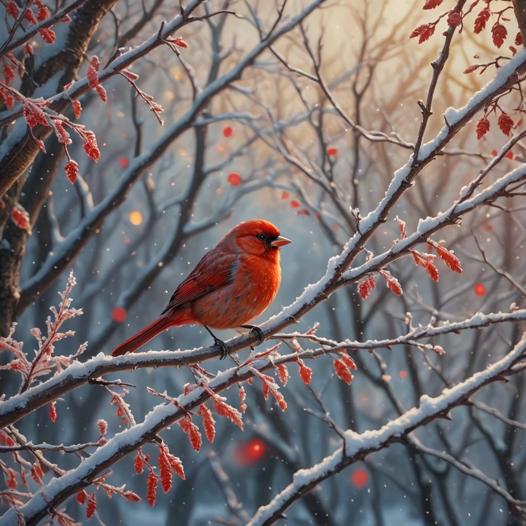 Red Bird on Snowy Branch in Vibrant Oil Painting Style
