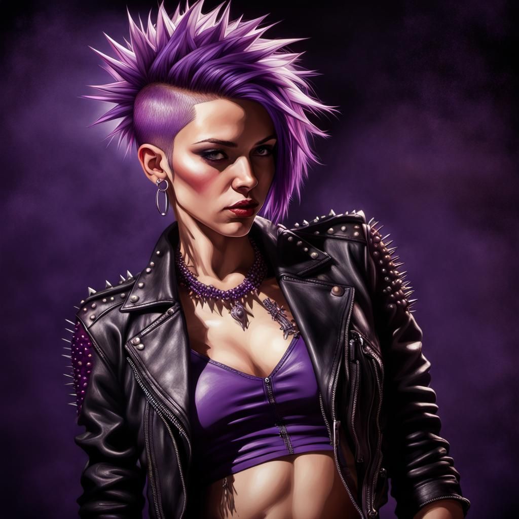 Hyperrealistic Pyrography of Woman with Purple Hair