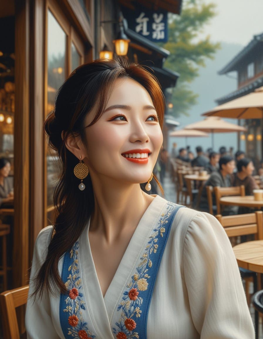 Korean Woman Smiling in Misty Cafe: Oil Painting