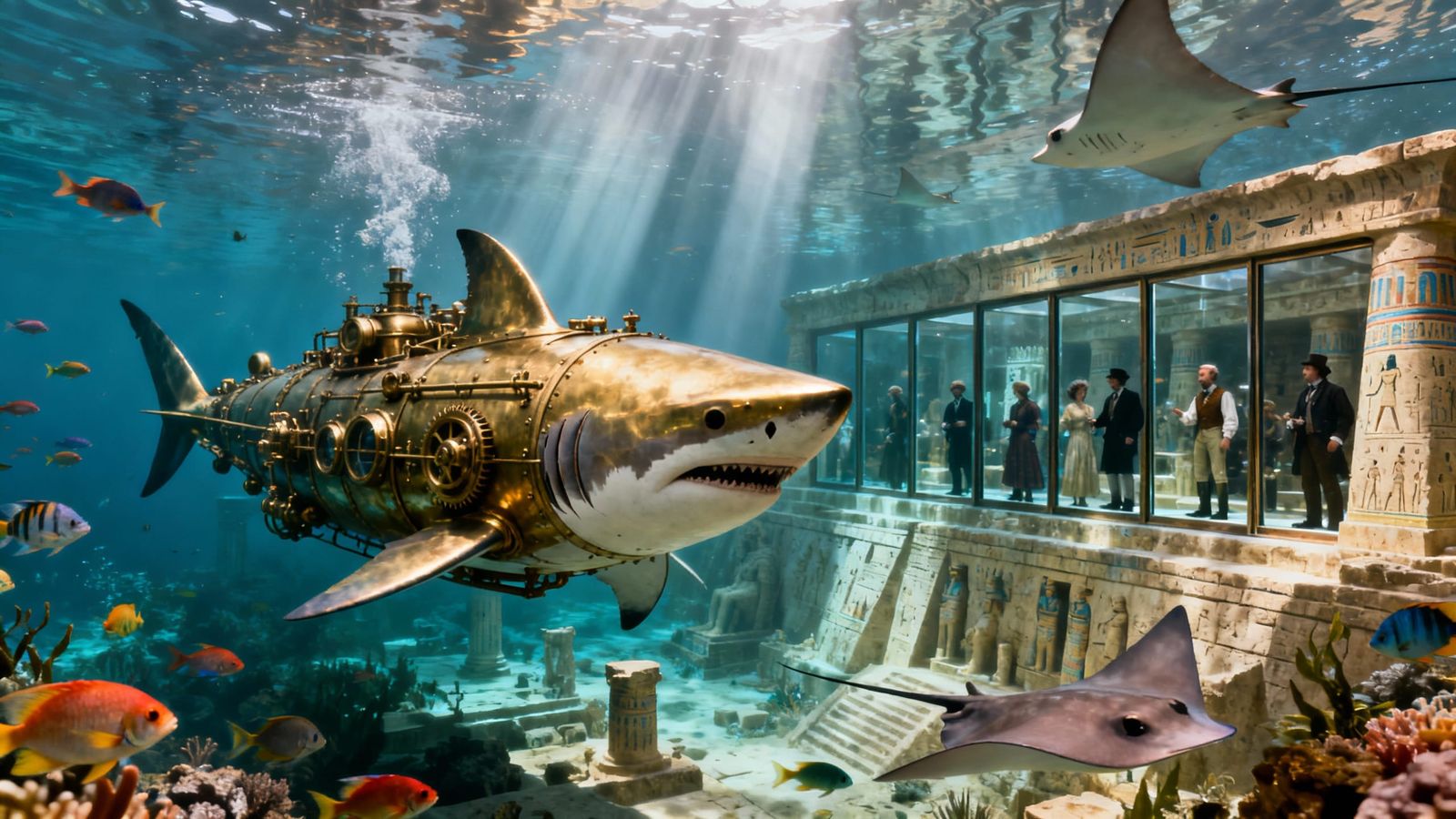 Steampunk Shark Submarine Explores Sunken Egyptian Ruins