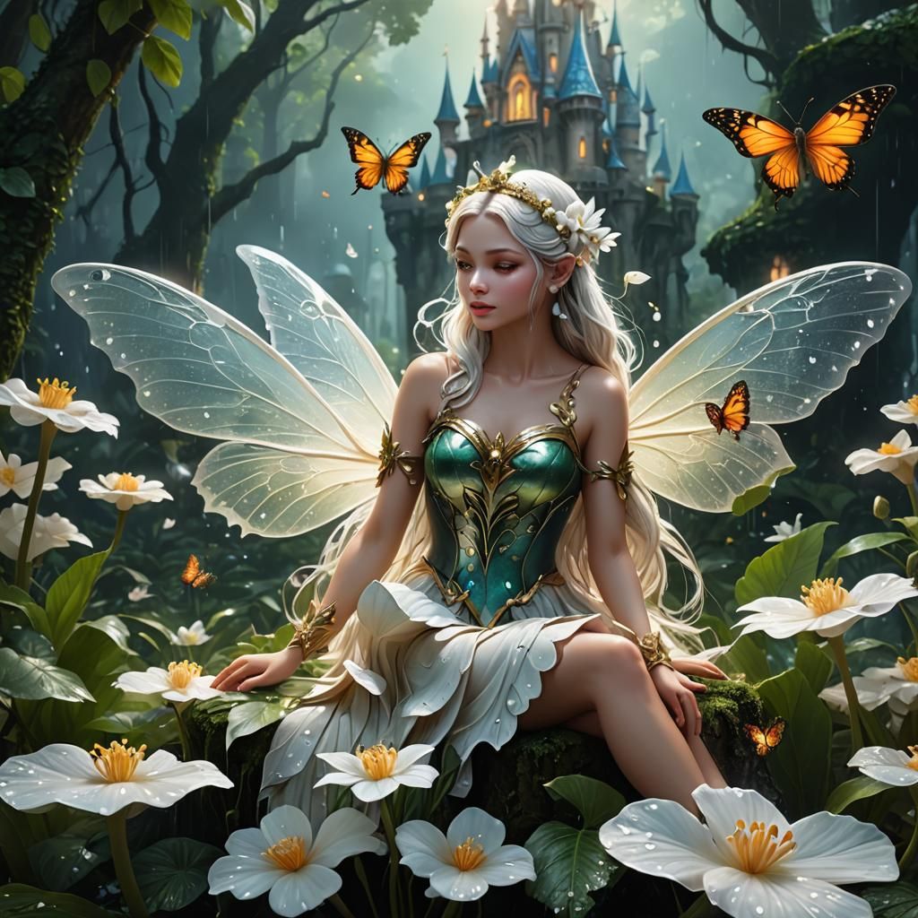 Winged Fairy in Luminous Forest: Detailed Matte Painting