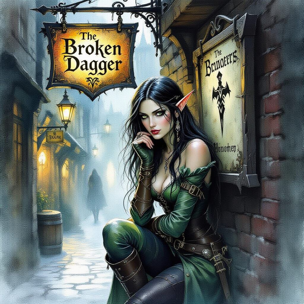 Elf at The Broken Dagger Tavern in Graphic Novel Style