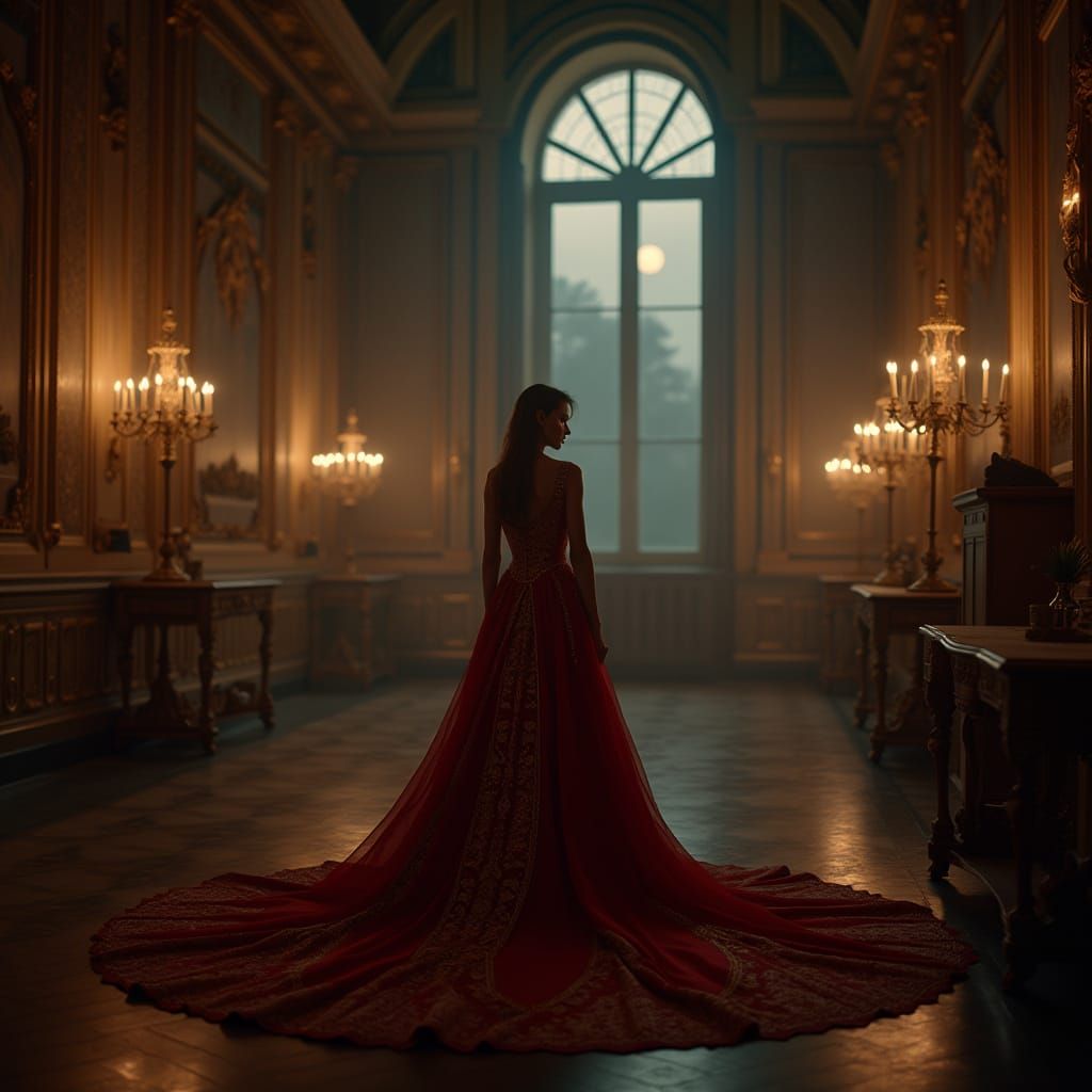 Ethereal Slavic Beauty in Crimson Evening Gown, Lost in Time...