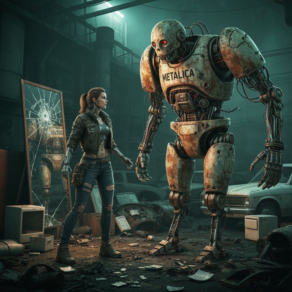 Cyborg Confrontation in Dystopian Junkyard, Cyberpunk Style