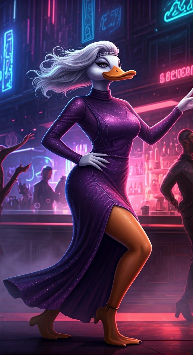 Cyberpunk Duck Dancer in Futuristic Dive Bar