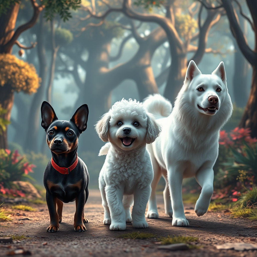 Dogs in Whimsical Forest: Fantasy Concept Art