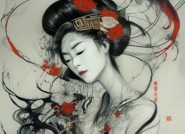 Elegant Geisha in Flowing Black Ink