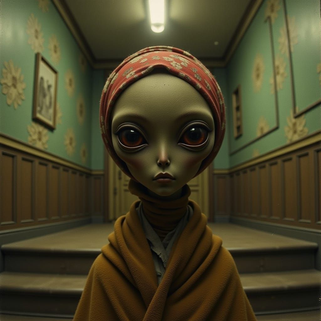 Alien in Soviet Stairwell as Oil Painting