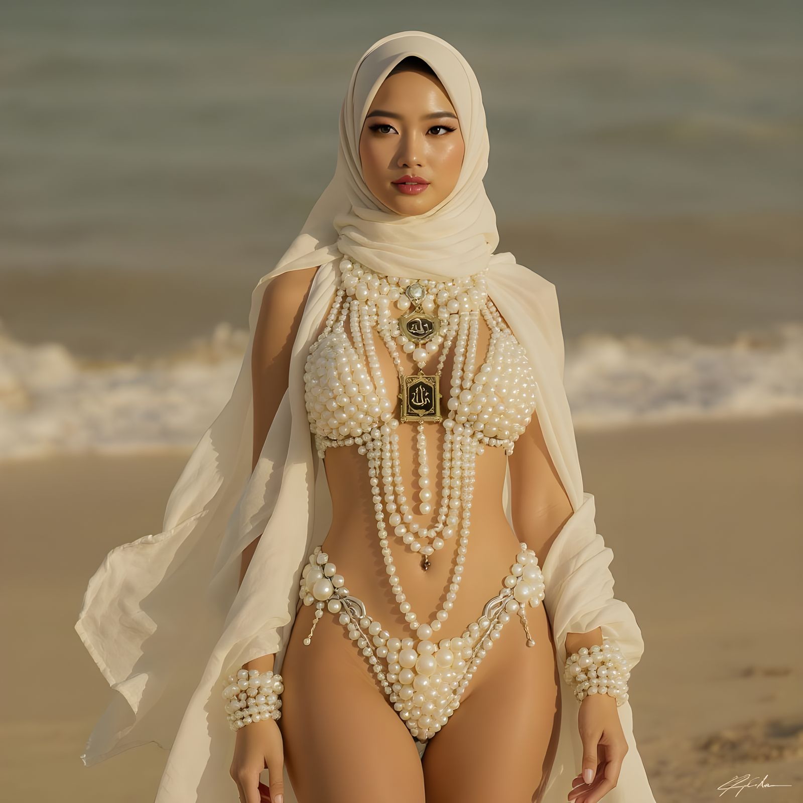 Elegant Pearl Bikini and Hijab Portrait
