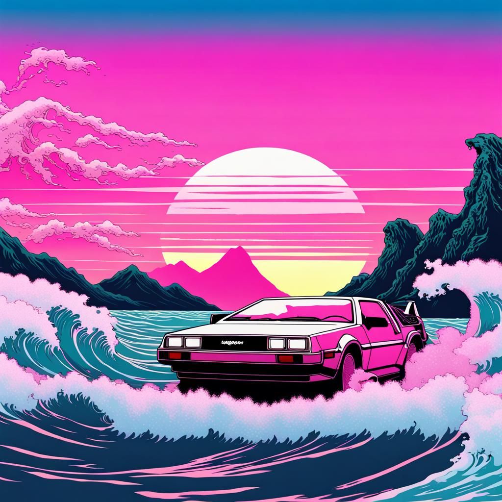 Vaporwave DeLorean Submarine Rides Great Wave